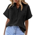thumbnail image 1 of Yuyuzo Cotton Linen Tops for Women Oversized Short Sleeve Basic T Shirts V Neck Button Collared Blouses, 1 of 6