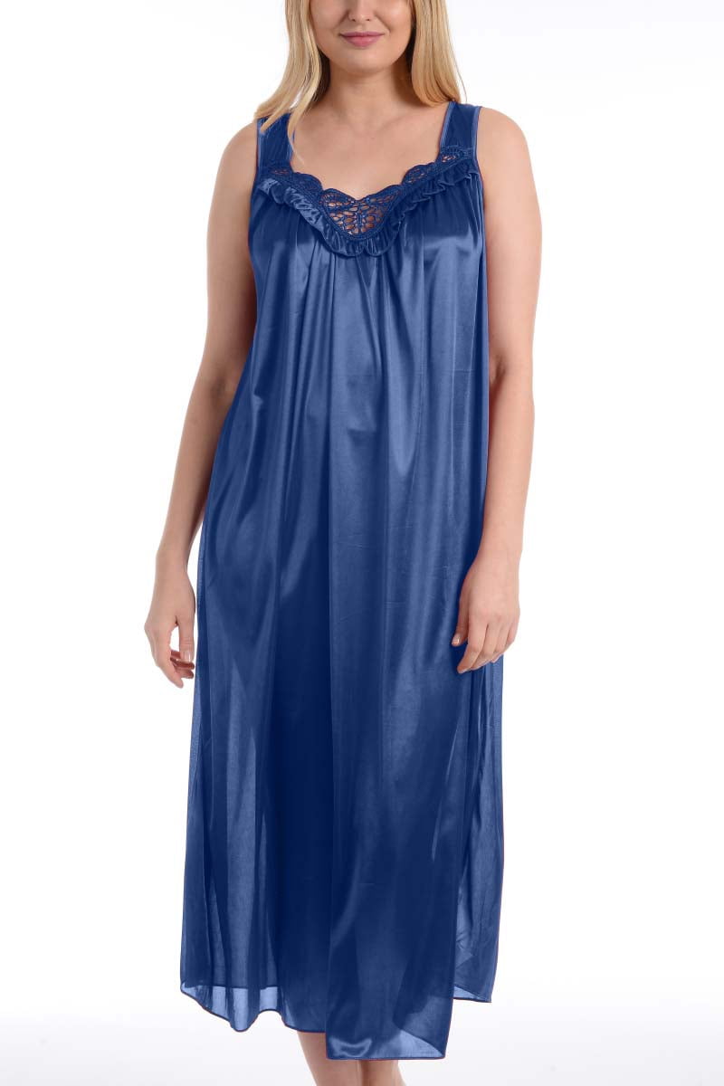 EZI Women's Long Faux Silk and Lace Sleeveless Nightgown By EZI