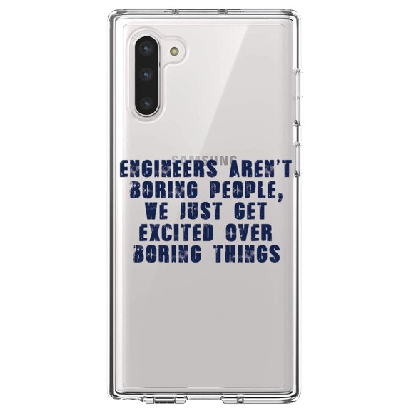 DistinctInk Clear Shockproof Hybrid Case for Samsung Galaxy Note 10 (6.3" Screen) - TPU Bumper Acrylic Back Tempered Glass Screen Protector - Engineers Aren't Boring Excited Over Boring Things
