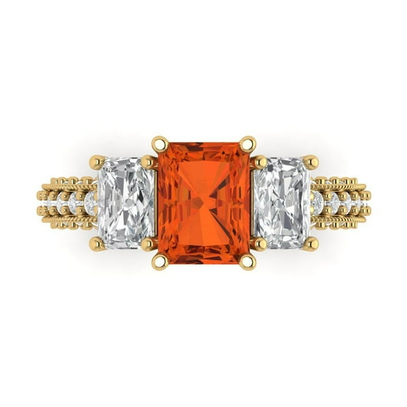 3.61 ct Emerald Cut Simulated Red Diamond 3 Stone 14K Yellow Gold Womens Engagement Ring