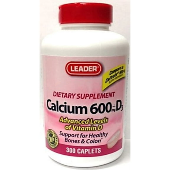 Leader Calcium 600mg Plus Vitamin D3 Caplets, 60 Ea