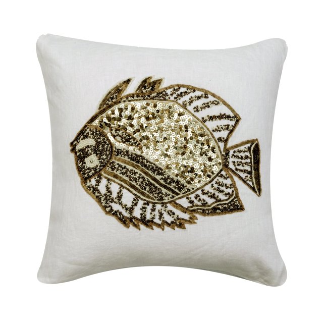 Fundas de almohada decorativas, color marfil, 40 x 40 cm (16 x 16 pulgadas), para sofá, funda de cojín de lino con lentejuelas de peces, estampado de criaturas marinas, estilo playero - Glamour Fish
