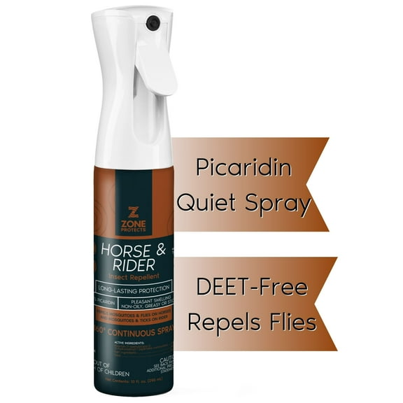 Zone Protects Horse & Rider Fly & Insect Spray; Picaridin Fly & Insect Repellent, Continuous Spray (non-aerosol), Refillable. Light Fresh Scent. Works for 12-hrs on 400 Fly Species