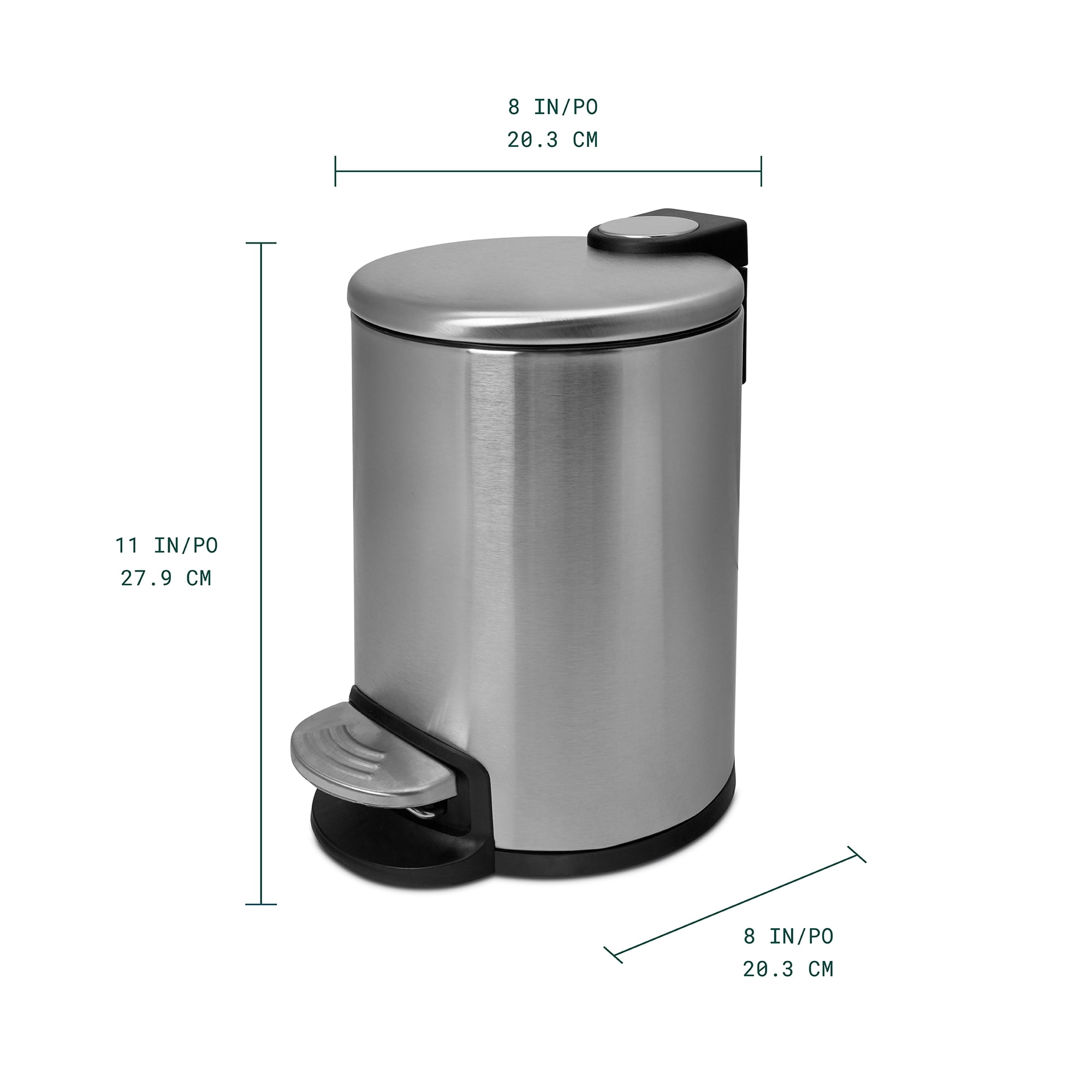 Acento Rondo Round Step Trash Can, 0.8 Gallon Compact Bathroom Waste Bin with Soft-Close Lid and Removable Liner Bucket, Brushed Stainless Steel
