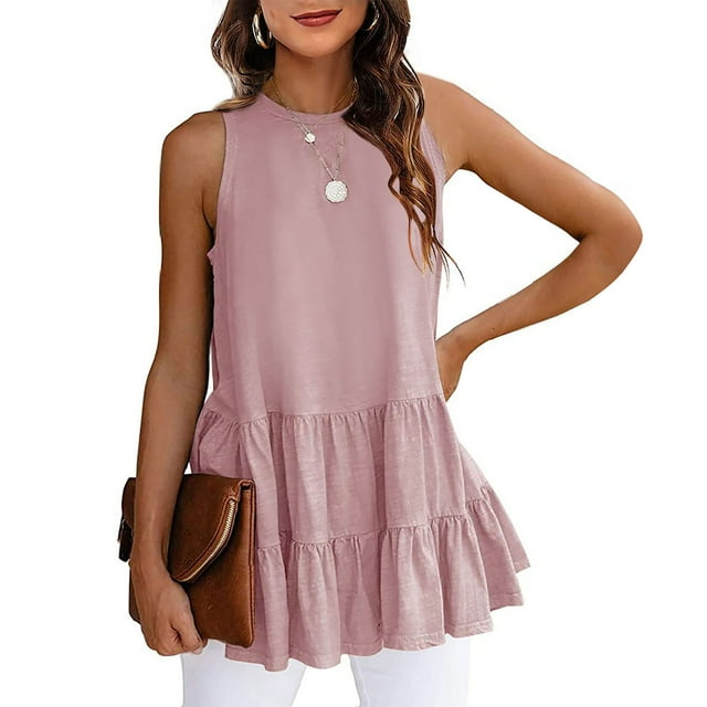 Camiseta sin mangas para mujer, cuello redondo, dobladillo con volantes, tipo suelto, Color puro, Top de verano para uso diario
