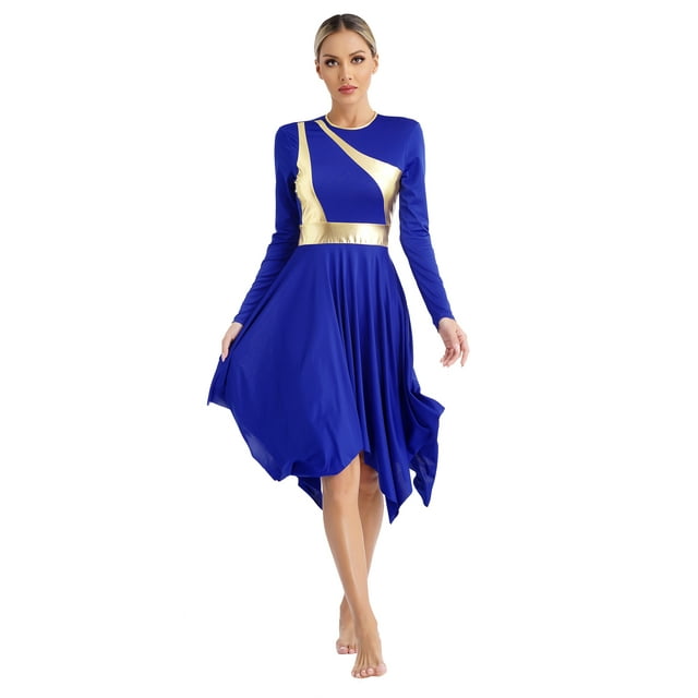 Raenseen Womens Liturgical Dance Costume Metallic Shiny Patchwork Irregular Dress with Wide-Leg Blue XL