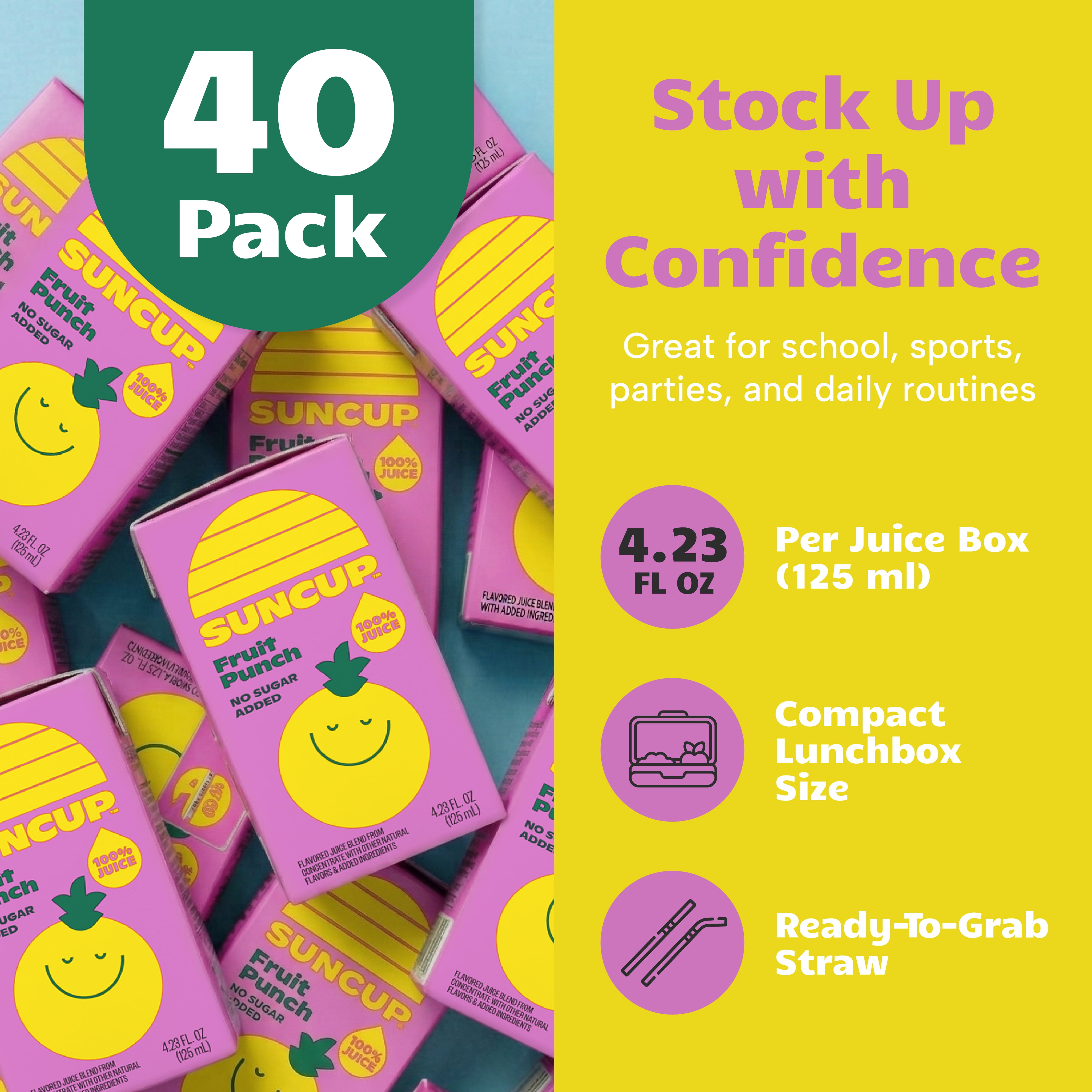 SunCup Juice - Fruit Punch (40 Pack) 4.23 oz Juice Box with Straw | 100% Fruit Punch Blend for Kids, Organic Ingredients, Bulk Pack for Lunches, School, or Home