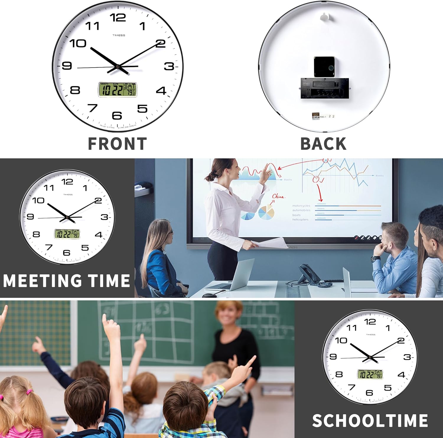 TIMESS 12 Inch Silent Wall Clock with Date and Temperature photo 3
