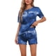 thumbnail image 1 of Conjunto de pijama de teñido anudado para mujer INSPIRE CHIC, camiseta de cuello redondo de manga corta con pantalones cortos, 2 piezas de ropa de casa, sudadera, traje de chándal XS azul profundo, 1 of 5