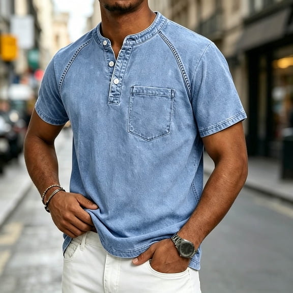 Mens Shirts Short Sleeve, Men's Henley Shirt 100% Cotton Acid Wash Tee Short Sleeve Solid Retro Vintage Style Washed Henley Casual T-Shirt