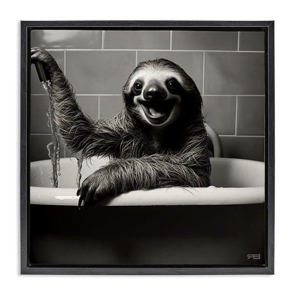 Stupell Industries Shabby Chic Smiling Sloth in Tub Black Floating Frame Canvas Art, 18 x 18, by RB