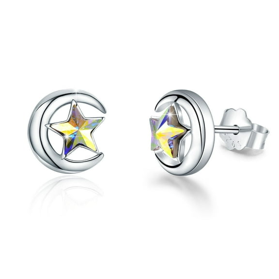 Cuoka Crystal Moon and Star Earrings Studs for Women, Hypoallergenic 925 Sterling Silver White Gold Plated Earrings Jewelry Gifts for friends Mom