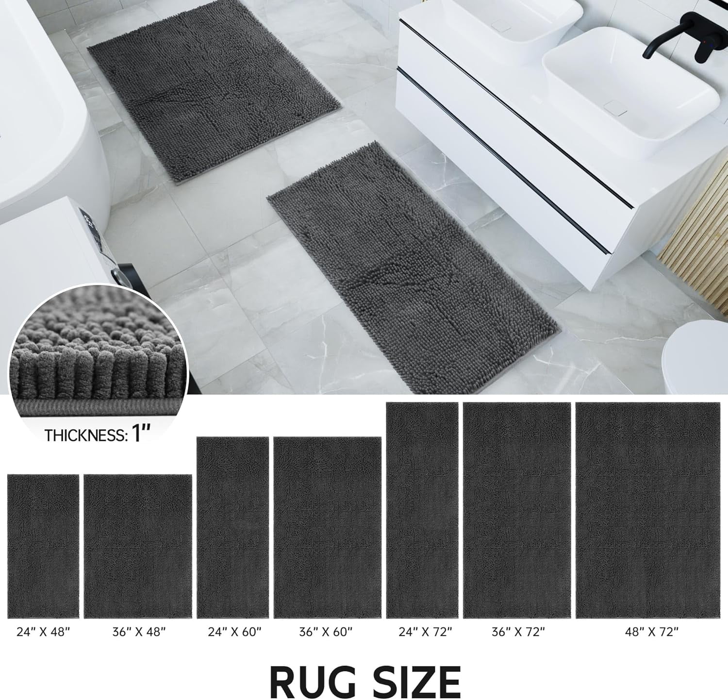 Bath Rug Mat,Extra-Soft Absorbent Chenille Bathroom Mats, 72" x 24" Non-Slip Rubber Backing, Large Washable Bath Mat for Bathroom Floor, Home Decor Accessories, Grey