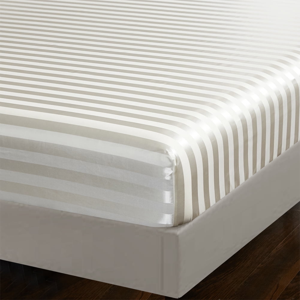 AiMay Italian Style  6 Piece Satin Bed Sheet Set Stripes Super Soft Deep Pocket 1800 Luxury Rich Silk 1 Flat Sheet 1 Fitted Sheet 4 Envelope Pillowcases Stain-Resistant Wrinkle Free (King, Off White)