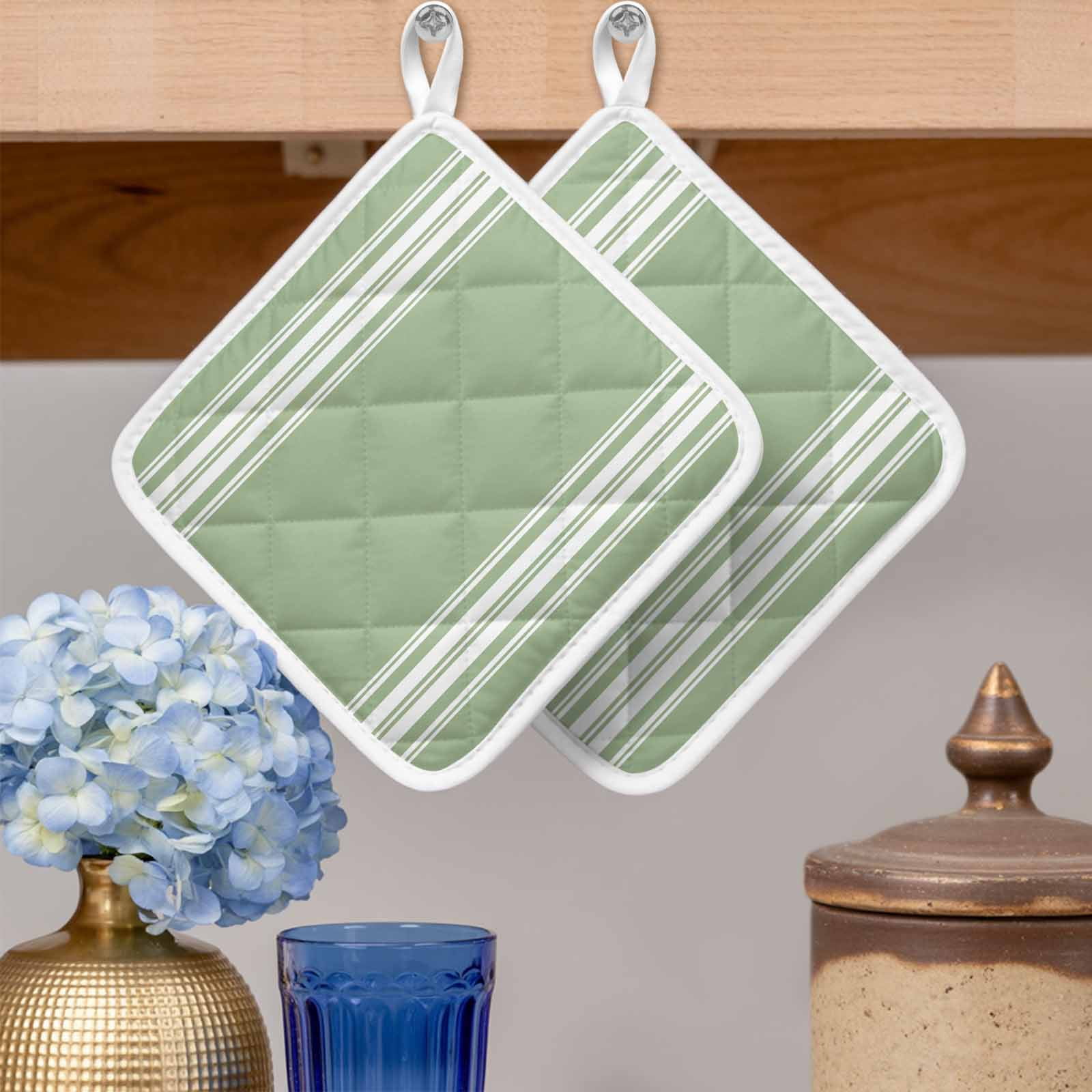 Sage Green Pot Holders for Kitchen Heatproof Potholder, 4 Pack Farmhouse Sage Green White Striped Hot Pads Multipurpose Oven Pads Cloth Potholders Trivet for Cooking and Baking