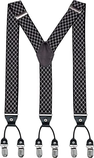 Mens Womens Adjustable Elastic Y Back Style GIFT BOXED Suspenders 6 Clips Black White Square Design