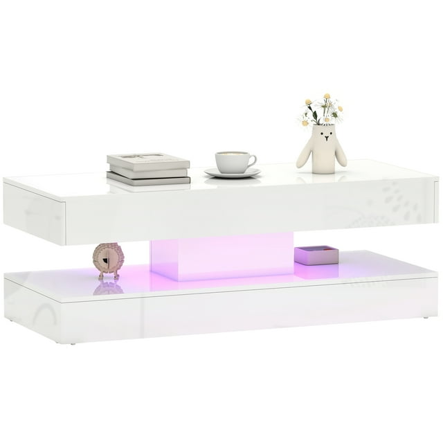HOMCOM High Gloss Coffee Table with Adjustable LED Light Center Table White