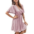 thumbnail image 2 of KOMOO Women Chiffon Mini Dress Dot V-Neck High Waist A-line Dress Short Sleeve Swing Beach Dress, 2 of 6