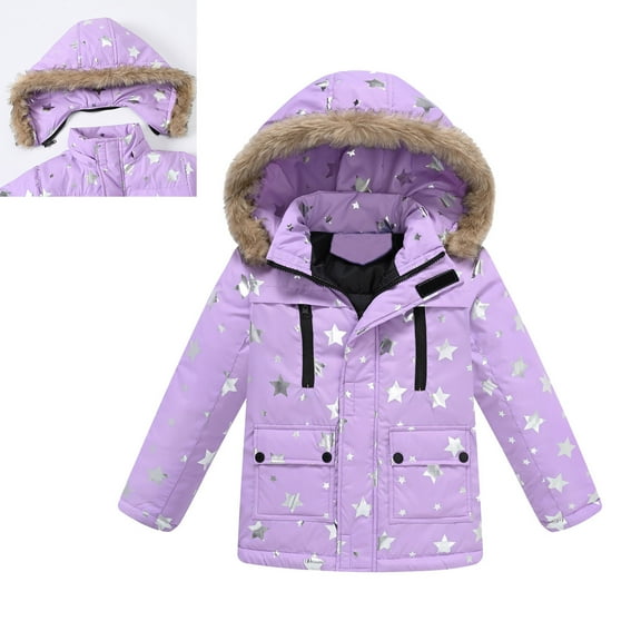 Girls Winter Coats with Hooded Puffer Jacket Kids Purple Coat Full-Zip Long Sleeve Thicken Waterproof Jacket Kids Girls Fall Jacket 6-7 Years
