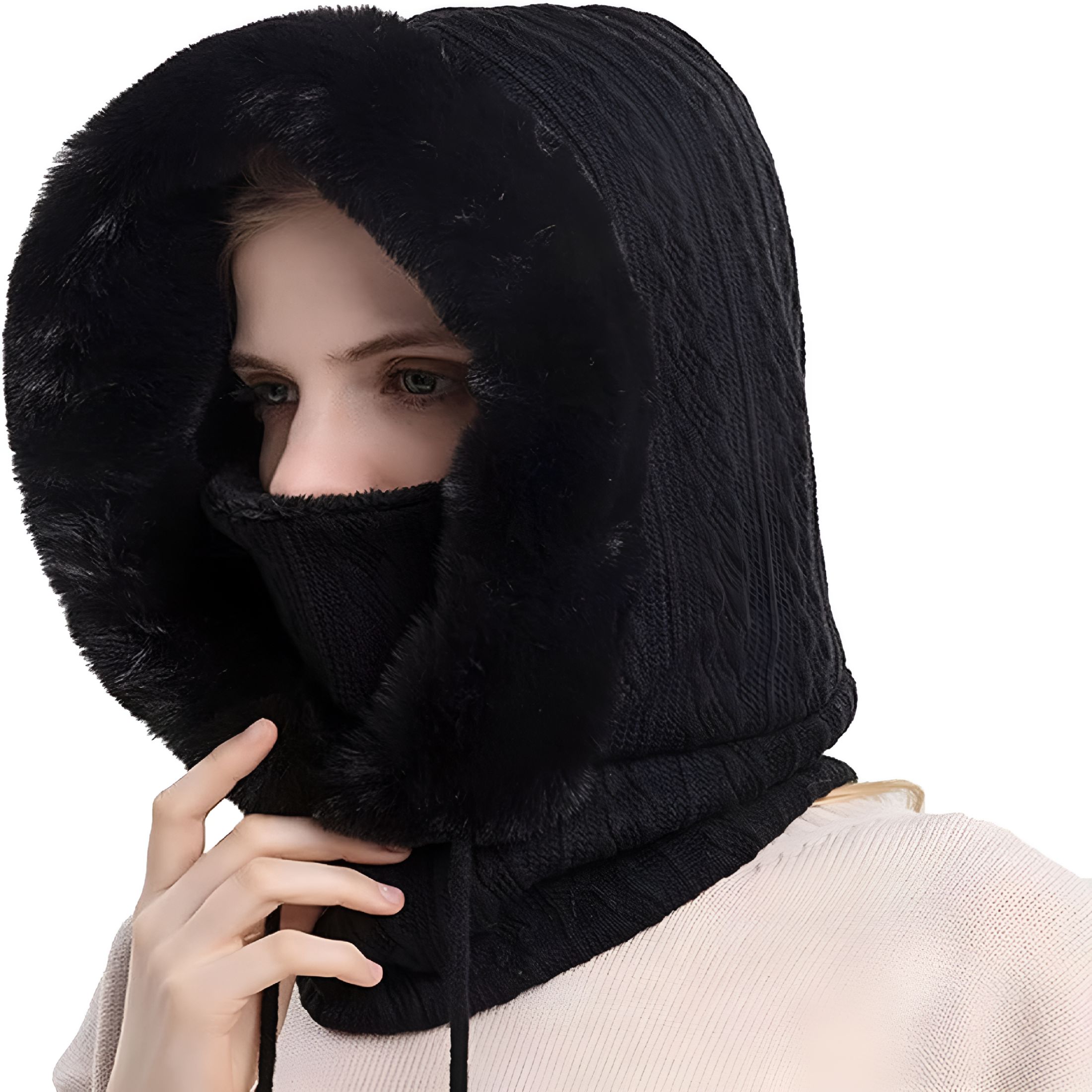TELOLY 2026 New Women One Piece Slouchy Fleece Beanie Hats with Scarf Mask Drawstring Winter Warm Hooded Balaclava Pullover Cap for Outdoor,Travel,Hiking,Skiing,Snowboarding,Black