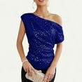 thumbnail image 5 of Blue Shirts for Women Loose Fit, Short Sleeve Boho Graphic Tees for Women, Carnival Spring Tops for Women 2024 Trendy, Women's One Shoulder Sequin Glitter Top Pleated Asymmetric Slim Fit Party Shirt, 5 of 9