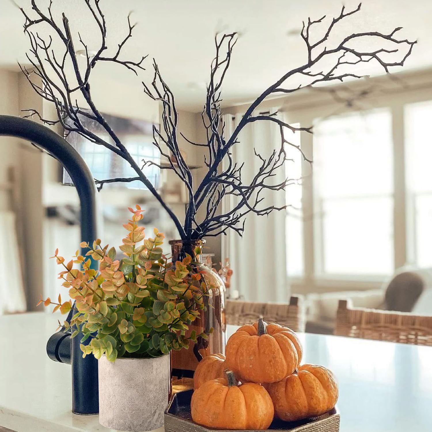 2 Pack Black Fake Eucalyptus Small Fake Plants Potted Artificial Plants for Halloween Decorations Shelf Desk Home Farmhouse Room Coffee Table Decor Black Bathroom Decor (Black)