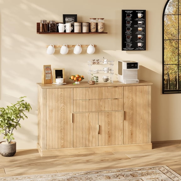 Natural Oak Modern Farmhouse 58 Inch Sideboard Buffet Cabinet with Gold Handles, 4 Doors, 2 Drawers, Adjustable Shelf - Fluted Design Coffee Bar, Dining and Living Room Storage Cabinet Console Table