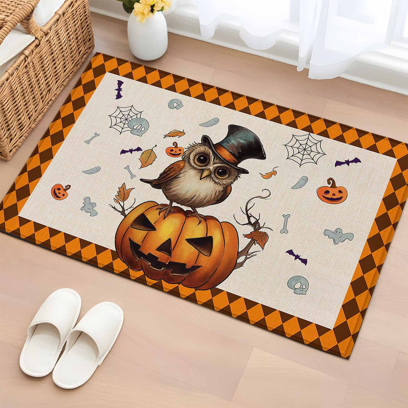 Area Rug 2x3ft Halloween Owl Pumpkin Bat Washable Rugs for Living Room Bedroom Spooky Orange Plaid Vintage Linen Soft Non-slip Area Rugs Rectangle Floor Carpet for Dining Room