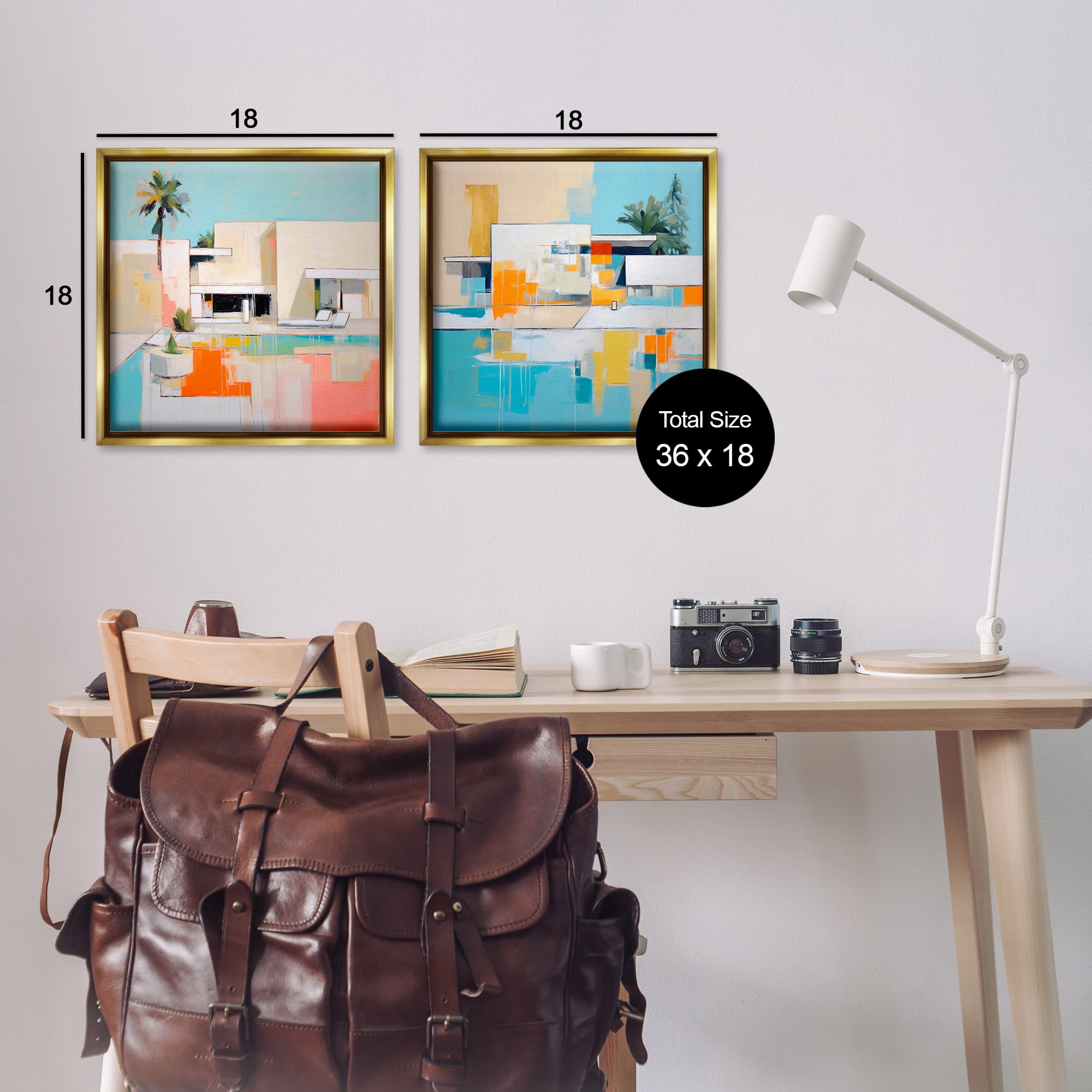 Stupell Industries Abstract Modern Tropical House Buildings & Architecture Painting Gold Floater Framed Canvas Art Print Wall Art, 18 x 18, Set of 2