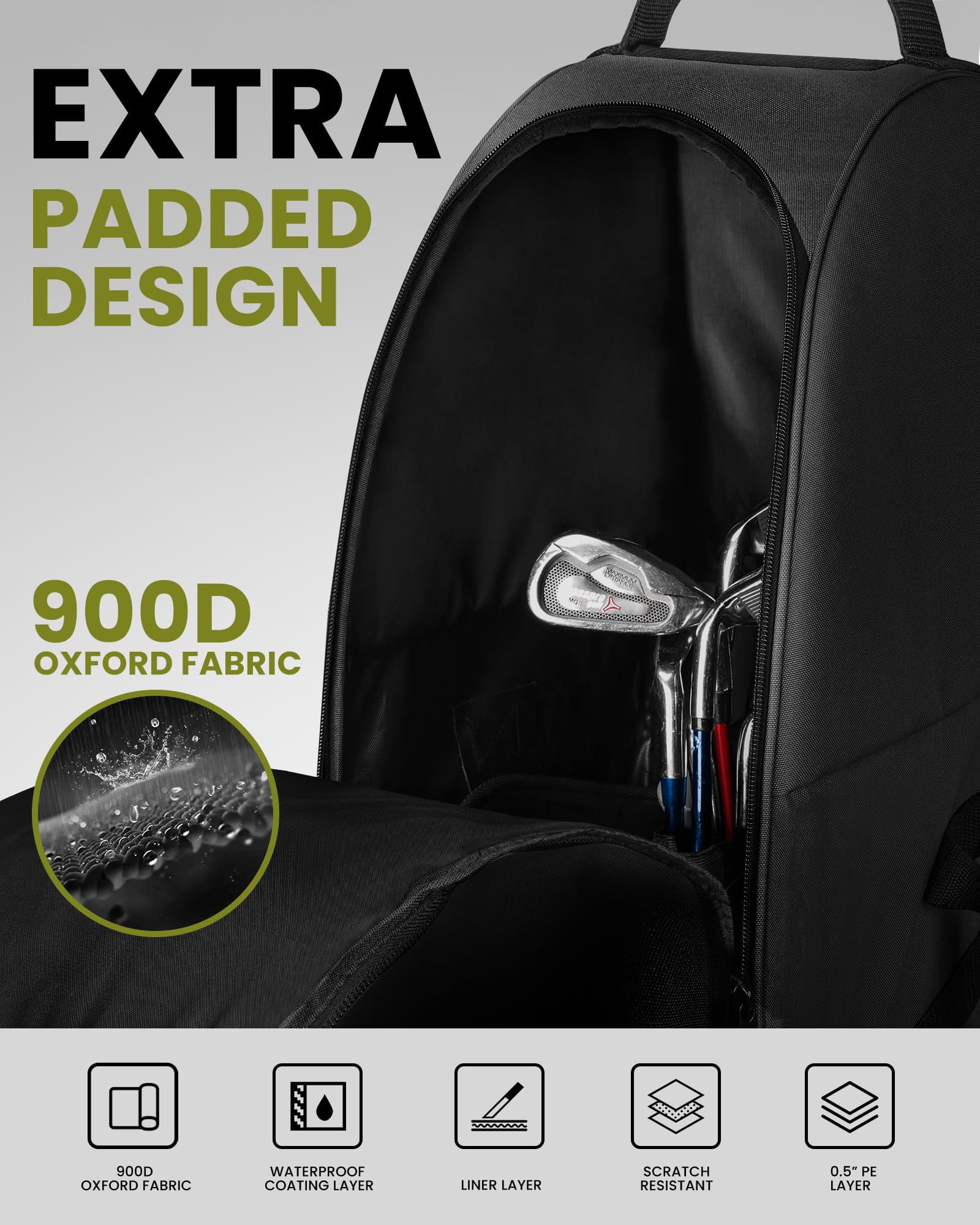 OutdoorMaster Padded Golf Travel Bag with Reinforced Wheels, 900D Heavy Duty Oxford Wear-Resistant and Waterproof Golf Travel Case, Soft-Sided Golf Club Bag