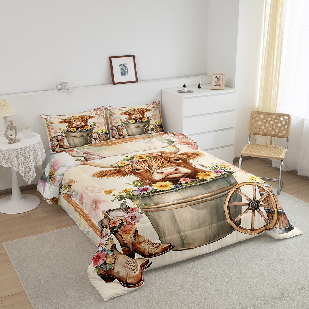 Erosebridal Kawaii Highland Cattle Comforter Sets Twin Size, Western Cowboy Cowgirl Boots Comforters & Duvets, Colorful Flower Room Decor, Reversible 2pcs