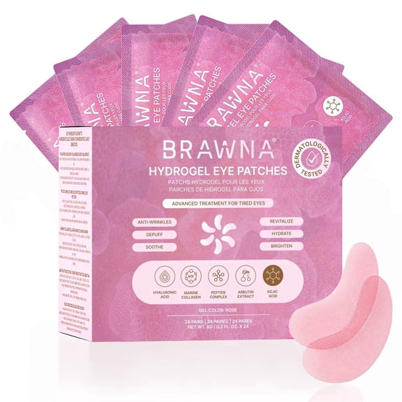 BRAWNA Hydrogel Under Eye Mask Patch with Arbutin, Kojic Acid, Callogen, Peptides, Hyaluronic Acid - for Dark Circles, Puffy Eyes, Undereye Bags - 24 Pairs - Rose