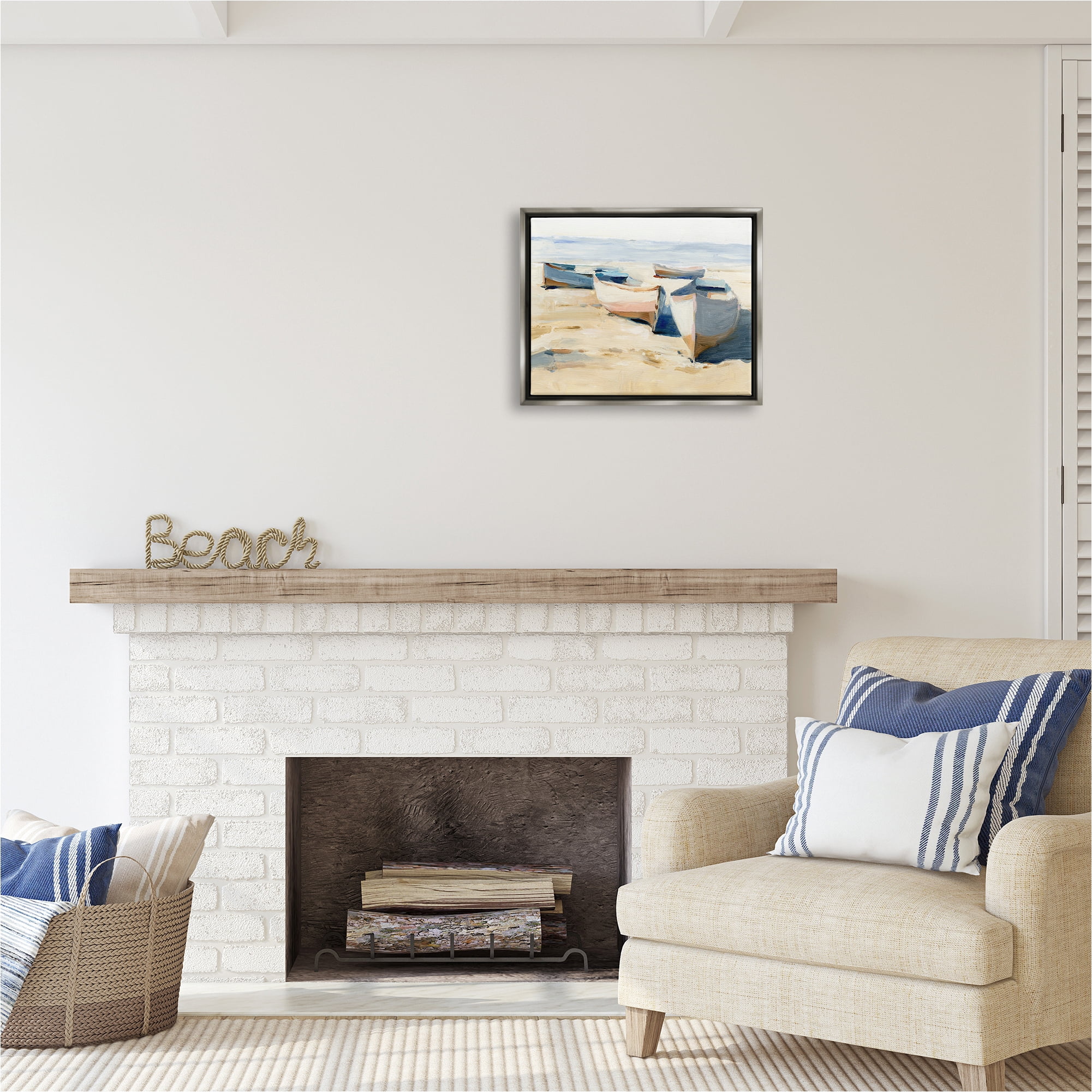 Stupell Industries Boats on Beach Painting Transportation Painting Gray Floater Framed Canvas Art Print Wall Art, 21 x 17