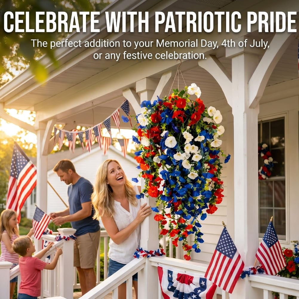 4th of July Decoration Tricolor Patriotic Artificial Flower, red White and Blue Artificial Flowers, for Outdoor Decor, Patio, Garden