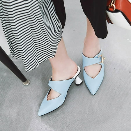 

absuyy Women s Heeled Sandals- Fashion New Style Faux Leather Middle Heel Thick Heels Casual Summer Sandals #386 Blue-7.5