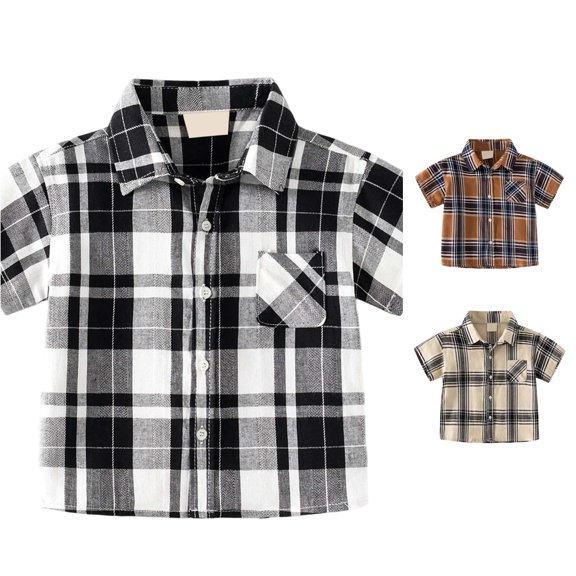 LIIPEE Fashion Plaid Graphic Button Up Shirts For Boys Short Sleeve Turn Down Collar Pocket Shirt Kids Casual Cute Summer Tops,12-24 Months