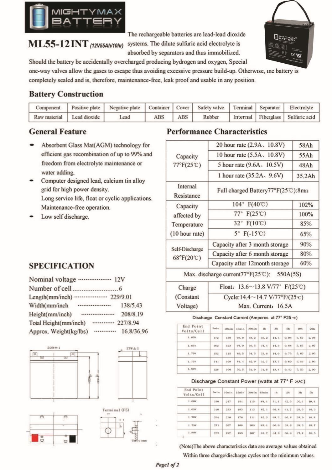 12V 55AH INT Battery Replaces AGM BCI Group 34/78 Car and Truck