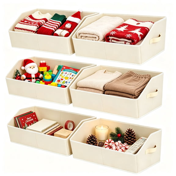 DIMJ 6 Pack Boot & Shoe Boxes with Handles, Beige Non-Woven Fabric Open Home Storage Bins, Trapezoid Foldable Baskets for Bedroom Shelves and Home Organization