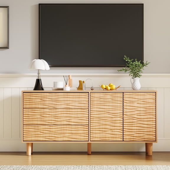 61 Inch Modern Sideboard Buffet Cabinet with Undulating, Wood Kitchen Storage Cabinet with 3 Drawers &  2 Door, Accent Console Table TV Stand for Living Room Dining Room Hallway