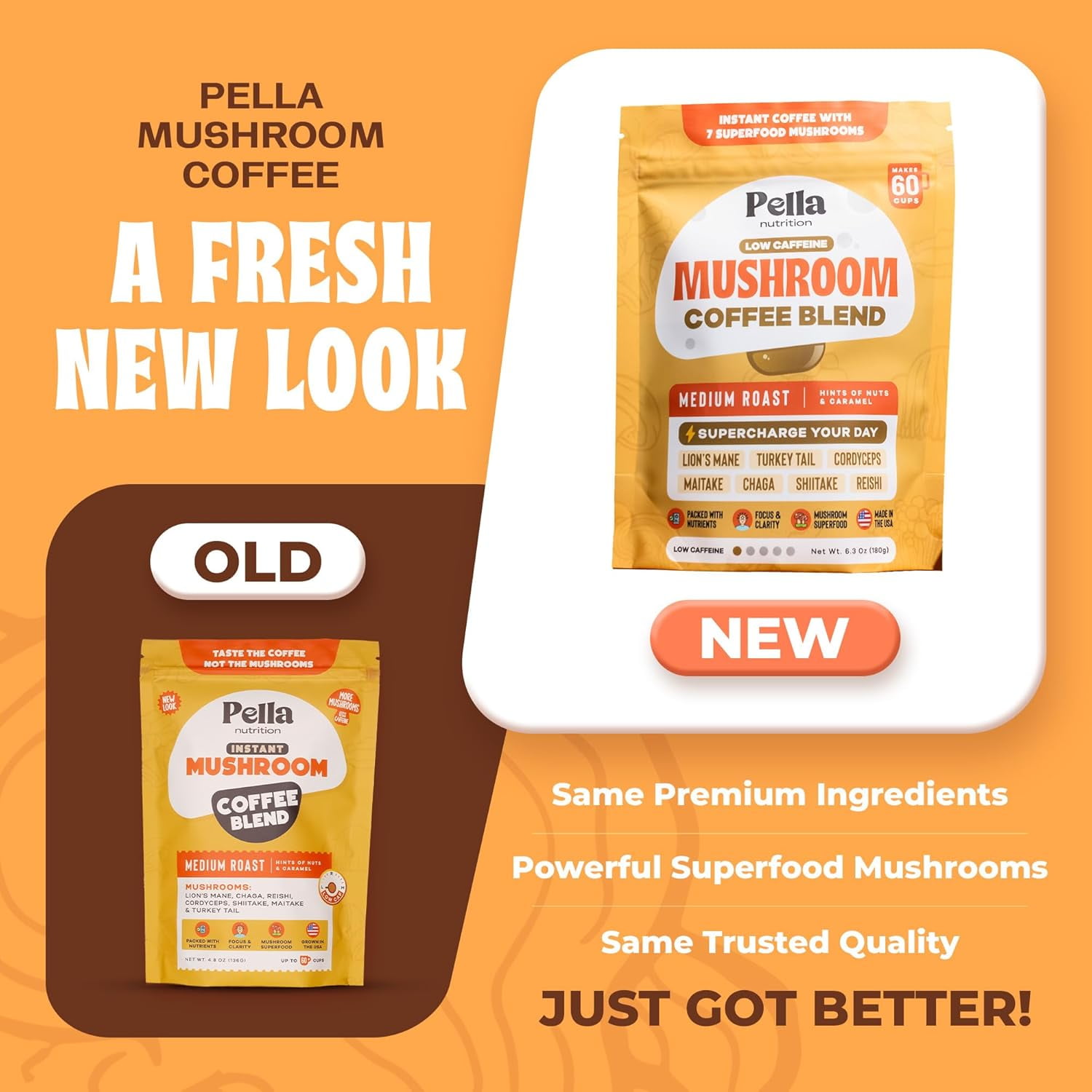 Pella Nutrition Mushroom Instant Coffee w/ Lion's Mane & More, Low Caffeine Blend, 6.3 oz (60 Cups)