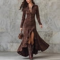 thumbnail image 2 of Women Brown Suede Western Two Piece Outfit Button Down Shirt Ruched High Slit Flowy Maxi Skirt Set, 2 of 5