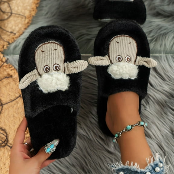 ATENAR Slippers for Women Slide Fleece Womens Shoes Wide House Slipper Black 5.5-6
