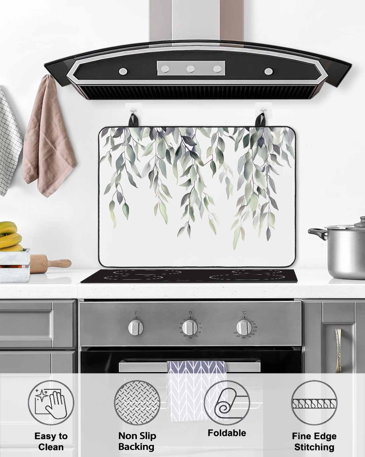 nqOlkjepod Large Induction Cooktop Protector Mat 36"x21", Green Gray Leaves Stove Top Covers for Electric Stove, Vintage Rustic Botanical Vines Branches Stove Burner Cover Mats Stove Cover