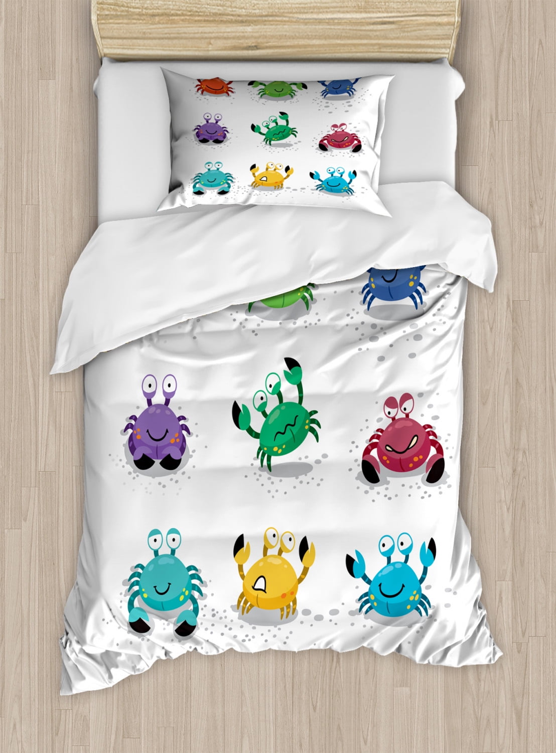 Crabs Duvet Cover Set Twin Size, Joyful Cartoon Style Colorful Crab Characters with Various