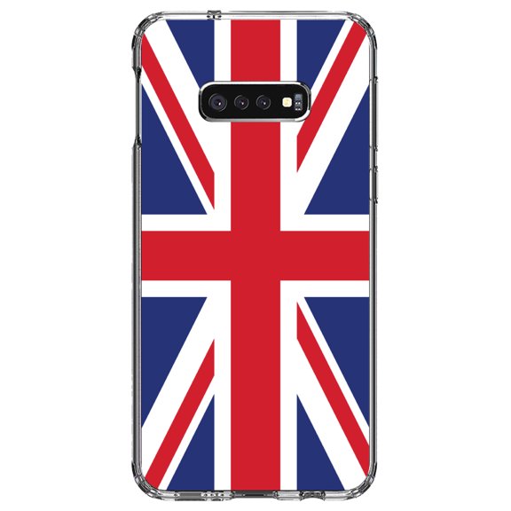DistinctInk Clear Shockproof Hybrid Case for Samsung Galaxy S10e (5.8" Screen) - TPU Bumper, Acrylic Back, Tempered Glass Screen Protector - Red White Blue British Flag UK - the UK
