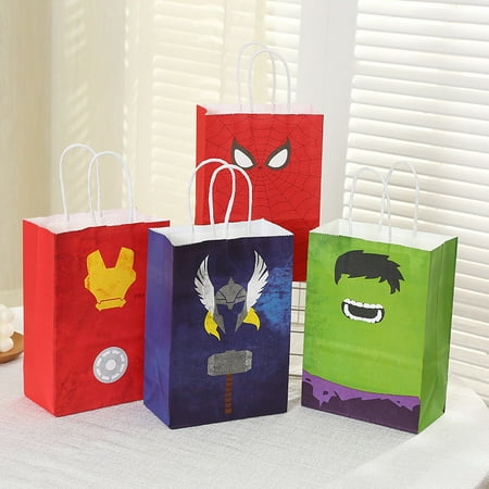 12 PCS Party Favor Candy Bags for The Avengers Themed Birthday Supplies Decor Kraft Paper Gift Bag.