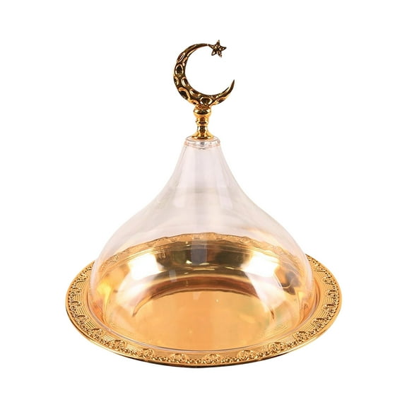 Golden Serving Platter with Clear Acrylic Dome Cake Tray for Home Party Wedding Dining Rooms Easter Eid Dessert Display