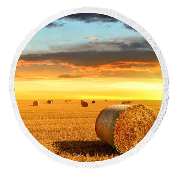 YUSDECOR Sunset Farmland Scenery Autumn Straw Bales Round Beach Towel Beach Mats Beach Shawl Beach Blanket with Tassels Beach Throw Towel Yoga Mat