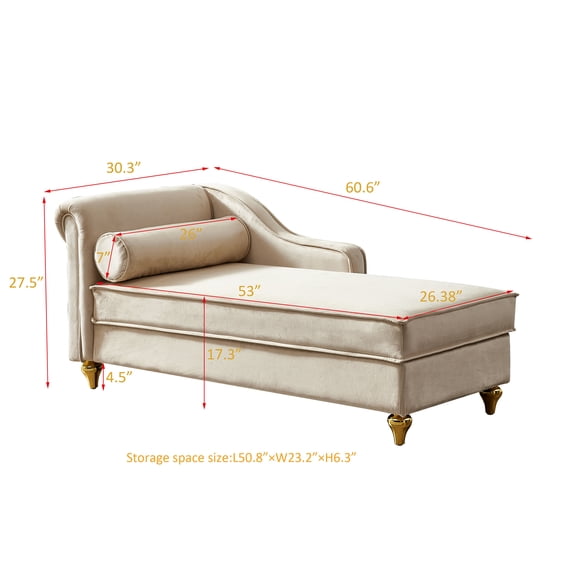 Modern Velvet Chaise Lounge Chair with Storage, Beige Upholstered Sofa with Gold Metal Legs, 60.6"x30.3"x27.5" Living Room Furniture