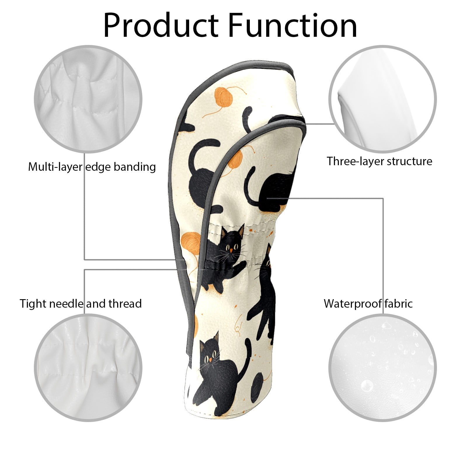 Golf Club Covers PU Leather Waterproof Head Covers for Fairway Woods Hybrids Black Cartoon Cat